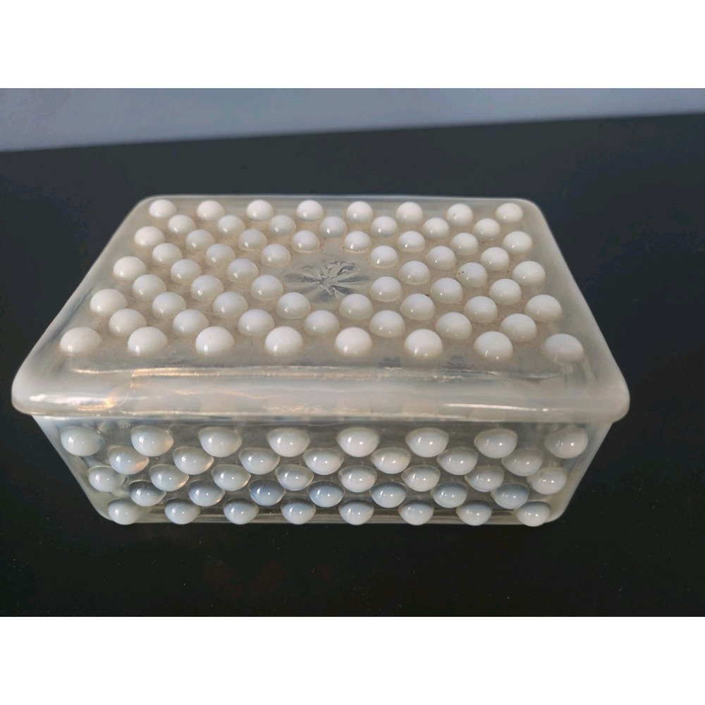 Beautiful Vintage White Opalescent & Clear Hobnail Art Glass Lidded Box